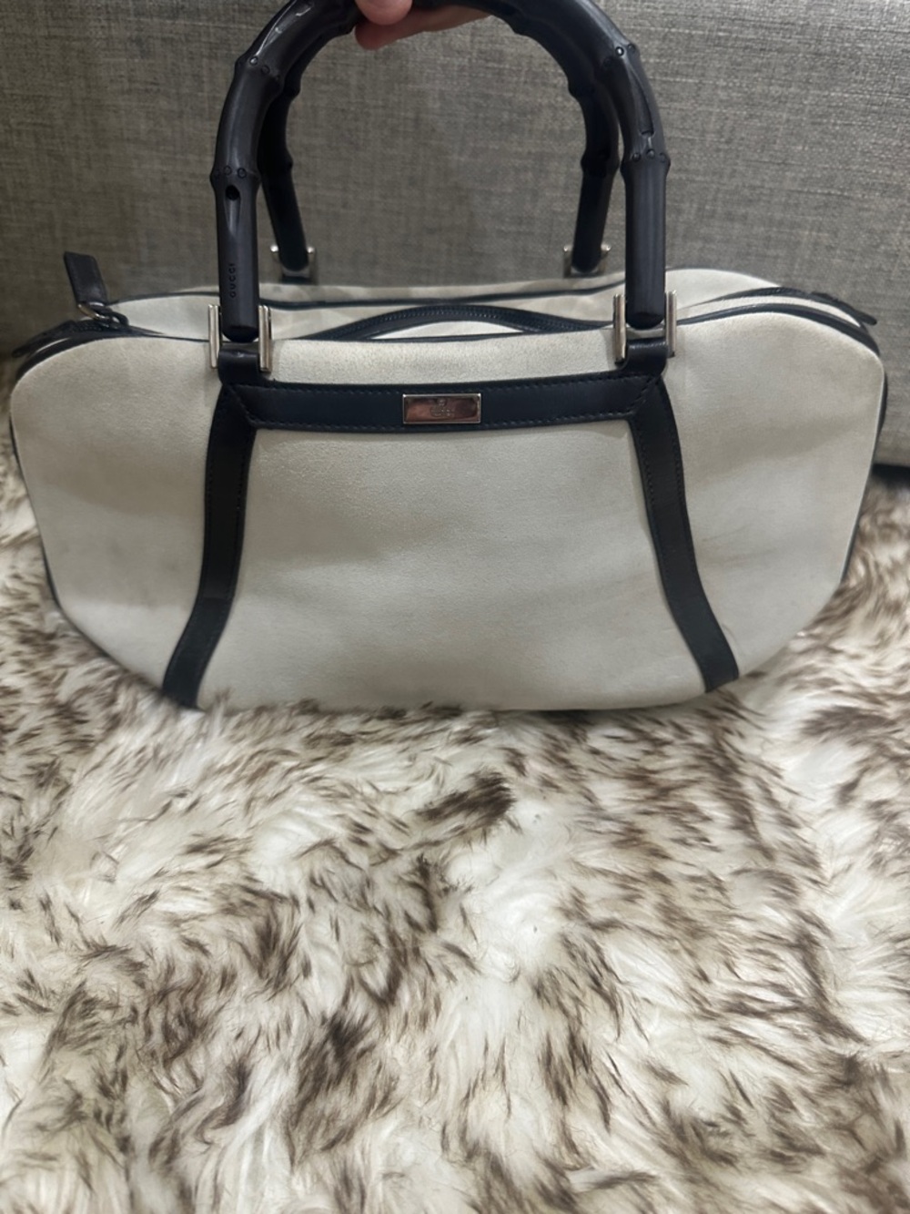 Gucci Two-Tone bambo Handle Satchel in White suede and Black leather trim
